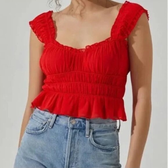 Astr Tops - ASTR The Label Shirred Crop Tank, Red - Size S